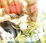  1girl aerith_gainsborough blonde_hair blue_eyes bow brown_hair cloud_strife couple eye_contact final_fantasy final_fantasy_vii flower gloves green_eyes hair_ribbon hetero lily_(flower) long_hair looking_at_another persia_(blue-sky) pink_bow ribbon smile 