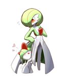  flying_sweatdrops gardevoir gen_3_pokemon heart hug leg_hug no_humans nura_(oaaaaaa) open_mouth orange_eyes pokemon pokemon_(creature) ralts simple_background smile white_background 