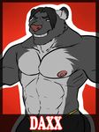  amwulf anthro badge biceps black_hair fangs feline fur grey_fur grin hair looking_at_viewer male mammal muscles nipples pecs pink_nose pose smile solo speedo standing swimsuit teeth thong topless yellow_eyes 