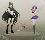  bishoujo_senshi_sailor_moon black_bow black_choker boots bow character_name choker cross-laced_footwear crystal earrings elbow_gloves full_body garnet_rod glaive gloves green_hair grey_background hair_bun holding holding_spear holding_staff holding_weapon jewelry knee_boots long_hair maru_(memoriatechnica) meiou_setsuna multiple_girls outer_senshi pleated_skirt polearm purple_footwear purple_hair purple_sailor_collar purple_skirt red_bow sailor_collar sailor_pluto sailor_saturn sailor_senshi sailor_senshi_uniform short_hair silence_glaive skirt sleeveless spear staff tomoe_hotaru weapon white_gloves 