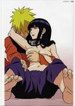  1girl barefoot belly black_hair blonde_hair breast_grab breasts couple feet forehead_protector grabbing hand_around_neck hands_on_another's_chest hetero highres hug hug_from_behind hyuuga_hinata large_breasts lavender_eyes long_hair midriff nakaya_ryou naruto naruto_(series) naruto_shippuuden navel non-web_source soles spiked_hair toes topless uzumaki_naruto 