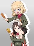  blonde_hair blue_eyes brown_hair cake carrying dango fang food girls_und_panzer ground_vehicle highres kairakuen_umenoka katyusha military military_uniform military_vehicle motor_vehicle multiple_girls nonna pravda_school_uniform short_hair shoulder_carry tank uniform wagashi 