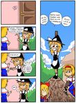  4koma alice_margatroid blonde_hair burning_at_the_stake comic commentary door dress easter finnish gasoline hat kirisame_marisa multiple_girls setz shanghai_doll tears tied_to_stake touhou translated twig witch witch_hat |_| 