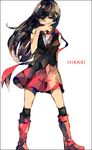  black_hair boots character_name covering_mouth hair_ornament hairclip hand_over_own_mouth hikari_(pokemon) long_hair no_hat no_headwear pink_footwear pokemon pokemon_(game) pokemon_dppt red_scarf scarf skirt solo thighhighs white_background wind yuuichi_(bobobo) 