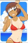  artist_request azumanga_daiou baseball_bat beach bikini blindfold breasts brown_eyes brown_hair day grin kagura_(azumanga_daiou) large_breasts lowres one-piece_tan short_hair smile solo swimsuit tan tanline 