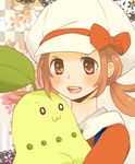  1girl :3 blush brown_eyes brown_hair cabbie_hat chikorita hat ichi_1123 kotone_(pokemon) nintendo pokemon pokemon_(game) pokemon_hgss ribbon smile twintails 