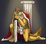  anthro balls biceps big_muscles boulevard brown_hair claws cougar daitenshi feline flaccid frown fur green_eyes hair kneeling male mammal muscles nude pecs penis pose robe sheath solo sword toe_claws unknown_species vein weapon white_fur yellow_fur 