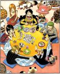  2girls 5boys barbecue barbeque barefoot barrel basket black_hair blonde_hair border bottle card collared_shirt dress earrings eating food formal glass green_hair hana_hana_no_mi hat jewelry kabobs kotatsu monkey_d_luffy muffin multiple_boys multiple_girls nami nami_(one_piece) nico_robin oda_eiichirou official_art one_piece orange_hair pillow pinstripe_pattern plate raccoon racoon roronoa_zoro sanji shirt shish_kabobs short_hair sitting smoking straw_hat suit table tattoo tea tony_tony_chopper usopp 