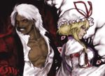  1girl blonde_hair breasts crossover dark_persona dark_skin dress facial_hair gap god_rugal hat large_breasts long_hair m.u.g.e.n muscle mustache pectorals red_eyes rugal_bernstein s.h.i.g.i shirt short_hair the_king_of_fighters torn_clothes torn_shirt touhou white_hair yakumo_yukari 