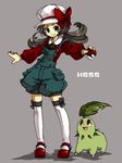  1girl aliasing bow cabbie_hat chikorita grey_eyes grey_hair hat holding holding_poke_ball kotone_(pokemon) overalls poke_ball pokemon pokemon_(game) pokemon_hgss red_shoes ribbon shoes simple_background thighhighs twintails yamipika 