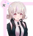  1girl atjdgkra backpack bag bangs black_jacket blush breasts buttons circle commentary_request cross danganronpa dot_nose eyebrows_visible_through_hair flipped_hair happy heart heart_in_eye hood hoodie jacket large_breasts light_brown_hair looking_down nanami_chiaki open_eyes open_mouth out_of_frame pink_eyes red_heart ribbon shiny shiny_hair shirt short_hair solo super_danganronpa_2 symbol_in_eye tongue white_background white_shirt 