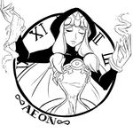  aeon_(skullgirls) bad_idea blush cape character_name closed_eyes eyes_closed fire gloves highres hood hourglass long_hair monochrome sand sketch skullgirls solo 