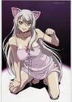  animal_ears bare_shoulders black_hanekawa breasts cat_ears collarbone fangs fingernails gradient gradient_background hanekawa_tsubasa highres large_breasts long_fingernails long_hair monogatari_(series) nekomonogatari nightgown non-web_source paw_pose scan scan_artifacts slit_pupils smile spotlight strap_slip uzi_(artist) white_hair yellow_eyes 