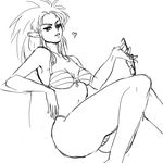  bikini breasts eyewear_removed glasses greyscale holding holding_eyewear long_hair medium_breasts monochrome navel pea-2 ryouko_(tenchi_muyou!) sitting sketch solo spiked_hair striped striped_bikini swimsuit tenchi_muyou! thighs 