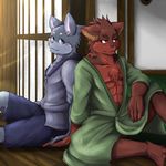  anthro blush brown_eyes brown_fur brown_nose canine clothing couple cute dark&#38851;&#21487; dark?? dark_tatsuka duo fur gay grey_fur hand_holding intimate lagomorph male mammal muscles open_shirt pecs rabbit red_eyes red_fur shirt smile wolf 