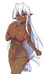  adjusting_clothes adjusting_swimsuit antenna_hair bikini blush breasts cleavage cowboy_shot dark_elf dark_skin elf groin hair_between_eyes kouki_kuu large_breasts long_hair looking_at_viewer low-tied_long_hair micro_bikini navel pointy_ears red_bikini red_eyes sansei_muramasa simple_background skindentation solo soukou_akki_muramasa strap_gap swimsuit very_long_hair white_background white_hair 