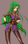  blue_eyes bodysuit ganbare_goemon gloves green_hair japanese_clothes knife long_hair looking_at_viewer marubonman ninja open_mouth shiny shiny_clothes simple_background skin_tight solo standing very_long_hair weapon yae_(ganbare_goemon) 