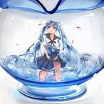  absurdly_long_hair bad_id bad_pixiv_id barefoot bottle_miku bubble fish fishbowl goldfish hatsune_miku highres holding in_container kankaru_(hnaho) kneeling liquid_hair long_hair minigirl school_uniform serafuku solo very_long_hair vocaloid 