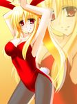  animal_ears armpits arms_up black_legwear blonde_hair blush breasts bunny_ears bunny_tail bunnysuit cleavage engo_(aquawatery) fake_animal_ears fate_testarossa large_breasts long_hair lyrical_nanoha mahou_shoujo_lyrical_nanoha_strikers pantyhose red_eyes smile solo tail twintails zoom_layer 