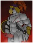  amwulf anthro armor avian balls beak biceps big_balls big_muscles big_penis bird bracelet chest_tuft dripping erection feathers fur general_tsao grey_body grin helmet humanoid_penis jewelry leaking looking_at_viewer male muscles nipples nude pecs penis pink_eyes plain_background pose precum red_background rooster scar sheath shield sly_cooper_(series) smile solo standing sword thick_penis tuft weapon 