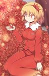  aki_shizuha blonde_hair dress hair_ornament hairband leaf leaf_hair_ornament lockheart long_sleeves maple_leaf red_eyes short_hair solo touhou 