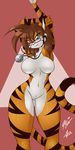  big_breasts breasts brown_hair eyewear fauna_(character) feline female glasses hair leoian necklace nude pussy solo tiger 