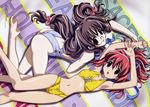  2girls absurdres arms_up ass barefoot bikini blue_swimsuit brown_eyes brown_hair crease feet glasses hair_ornament happy_lesson highres hosoda_naoto ichimonji_mutsuki long_hair lying multiple_girls red_eyes red_hair rokumatsuri_minazuki swimsuit toes yellow_bikini 