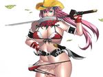  1girl bikini blue_eyes breasts censored futanari kagura_(oneechanbara) large_breasts leaf long_hair oneechanbara penis pink_hair ramda26 solo swimsuit sword testicles very_long_hair weapon 