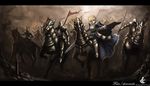  armor armored_dress army artist_name artoria_pendragon_(all) blonde_hair d.sum fate/stay_night fate_(series) faulds gauntlets highres horse riding saber soldier sword watermark weapon 