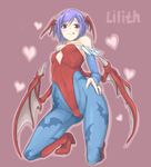  :q animal_print bad_proportions bare_shoulders bat_print bat_wings blush bridal_gauntlets character_name demon_girl elbow_gloves flat_chest gloves head_wings highres kneeling leotard lilith_aensland looking_down pantyhose print_legwear purple_hair red_eyes red_leotard short_hair smile solo succubus tongue tongue_out vampire_(game) wantsupanchi!! wings 