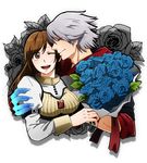  1girl bad_id bad_pixiv_id blue_flower blue_rose breasts brown_eyes brown_hair character_request closed_eyes couple devil_may_cry devil_may_cry_4 flower kyrie leaf mackerel_(sabanoneko) medium_breasts nero_(devil_may_cry) one_eye_closed rose silver_hair 