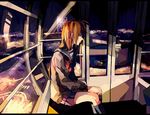  cityscape ferris_wheel ferris_wheel_interior kneehighs long_hair night orange_hair original school_uniform sitting skirt solo yuuichi_(bobobo) 