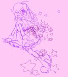  1girl annie_(skullgirls) annie_of_the_stars bag boots braid child dress eyepatch ichigoaimin long_hair monochrome open_mouth pink pink_background simple_background skullgirls smile solo star sword thigh_boots thighhighs twin_braids twintails weapon 