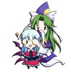  ? chibi covering_eyes faech green_hair mima multiple_girls multiple_wings shinki silver_hair simple_background touhou touhou_(pc-98) wings 