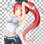  armpits arms_up blush breasts cardfight!!_vanguard checkered checkered_background gloves high_dog_breeder_akane highres long_hair looking_at_viewer medium_breasts midriff red_eyes red_hair shintani_tsushiya solo very_long_hair 