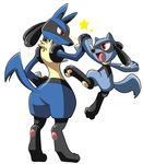  blue_fur butt canine duo fur high_five hindpaw inumania jackal lucario mammal nintendo open_mouth pawpads paws plain_background pok&#233;mon pok&eacute;mon raised_tail red_eyes riolu safe smile spikes video_games white_background 