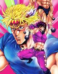  abs arms_behind_head arms_up bad_id bad_pixiv_id battle_tendency blonde_hair blue_eyes bola_(weapon) caesar_anthonio_zeppeli crop_top facial_mark feathers gomix hair_feathers headband highres jojo_no_kimyou_na_bouken jojo_pose joseph_joestar_(young) male_focus manly mask midriff multiple_boys muscle pose purple_hair santana_(jojo) 