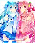  aqua_eyes aqua_hair cherry detached_sleeves earmuffs food fruit hatsune_miku highres long_hair multiple_girls necktie pink_eyes pink_hair remimim sakura_miku scarf skirt snowflakes thighhighs twintails very_long_hair vocaloid yuki_miku 