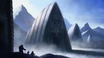  alien at_the_mountains_of_madness backpack bag cthulhu_mythos david_demaret gate light mountain multiple_boys realistic scenery scientist shadow snow temple 