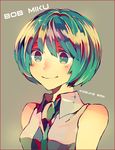  alternate_hair_length alternate_hairstyle bad_id bad_twitter_id bare_shoulders bob_cut character_name green_eyes green_hair hatsune_miku lowres necktie short_hair smile solo vocaloid yuuichi_(bobobo) 