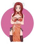  1girl breasts china_dress chinese_clothes cleavage cleavage_cutout double_bun dress fairy_tail flare_corona large_breasts long_hair looking_at_viewer nukikun open_mouth red_eyes red_hair scar solo tattoo tattooed_breast 