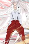  bad_id bad_pixiv_id bow breasts cleavage fujiwara_no_mokou hair_bow hair_over_one_eye hands_in_pockets highres large_breasts long_hair pants poruhi red_eyes sarashi silver_hair solo suspenders touhou very_long_hair white_hair 