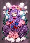  bow crescent dress flower hat highres long_hair patchouli_knowledge purple_eyes purple_hair solo touhou touya_yuki 