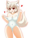  animal_ears blush breasts cleavage fang hajime_(ak-r) inubashiri_momiji looking_at_viewer navel red_eyes silver_hair solo swimsuit swimsuit_pull tail touhou white_background wolf_ears wolf_tail 