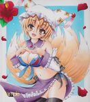  adapted_costume airbrush_(medium) bad_id bad_pixiv_id bikini blonde_hair blue_background border breasts cleavage collar detached_sleeves fang flower fox_tail front-tie_top hands_on_own_chest hat head_tilt hibiscus large_breasts leaf looking_at_viewer marker_(medium) millipen_(medium) multiple_tails munmu navel ofuda open_mouth petals purple_sarong sample sarong short_hair skindentation smile solo swimsuit tail tassel thighhighs touhou traditional_media yakumo_ran yellow_eyes 