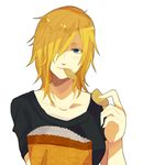  blonde_hair blue_eyes chips collarbone eating food hair_over_one_eye jormungand looking_at_viewer mouth_hold potato_chips schokolade shinonome_rokka simple_background solo upper_body white_background 