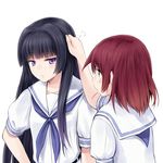  blue_eyes blush hand_on_another's_head hirose_sumire hitting long_hair miyanaga_teru multiple_girls red_eyes red_hair saki saki_achiga-hen school_uniform shiraitodai_school_uniform short_hair suzushiro_yukari 