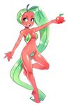  absurdly_long_hair apple bob_cut breasts food fruit full_body green_eyes green_hair highres leaf leaf_bikini long_hair maebari maniacpaint medium_breasts monster_girl original pasties personification plant_girl plant_hair red_skin sketch smile solo very_long_hair 