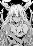  bare_shoulders breasts cleavage demon_wings elbow_gloves gloves greyscale hera-is_(p&amp;d) hera_(p&amp;d) horns jewelry large_breasts long_hair monochrome multicolored_hair mushi024 necklace pointy_ears puzzle_&amp;_dragons solo wings 