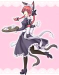  alternate_costume animal_ears apron black_legwear bow braid cat_ears cat_tail cup enmaided extra_ears frills hair_bow isaki_(gomi) kaenbyou_rin long_hair maid maid_headdress pantyhose pointy_ears red_eyes red_hair ribbon smile solo tail teacup teapot touhou twin_braids twintails 